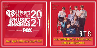 Chris martin and lil nas x will also present elton john with the 2021 iheartradio icon award while the program will issue a special tribute to the rocketman, honoring john's longevity and global. Bvgxbsvu Ph Army S Tweet Iheartradio Music Awards 2021 Let S Do A Fanchat Fam Bts Rt 25x Replies 25x I Vote Btsarmy For Bestfanarmy On Iheartawards Bts Twt Trendsmap