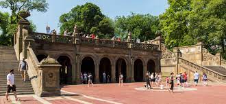 Bethesda terrace and fountain are two architectural features overlooking the southern shore of the lake in new york city's central park. Bethesda Terrace Central Park Conservancy