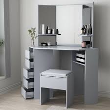 Usually ships within 6 to 10 days. Grey Corner Dressing Table Makeup Desk W 5 Drawers 3 Mirrors Stool Bedroom Ebay