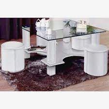table basse verre trempee carre transparent 4 poufs blanc revetement pu table basse carree blanche table basse carree table basse
