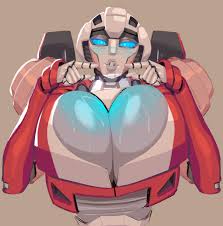 nezulet, arcee, transformers, absurdres, character request, highres, tagme,  blue eyes, blue sclera, breasts, colored sclera, huge breasts, joints,  mechanical arms, puckered lips, robot, robot joints, simple background -  Image View - |