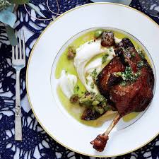 Glazed Duck Confit With Olive Relish And Sauce Verte Recipe Dinner Recipes Duck Confit