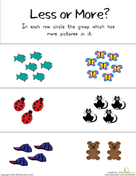 Less Or More Worksheet Education Com Kindergarten Worksheets Preschool Math Kindergarten Math Worksheets