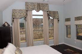 This Difficult Set Of Windows In A Master Bedroom Provided A Challenge With The Three Window Coverings Bedroom Arched Window Treatments Window Curtains Bedroom