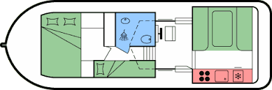 Forward cabin with double bed, hanging cupboard and storage. Terramarin Hausbootreisen