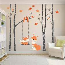 Birch Tree Wall Decal Nursery Baby Fox Orange 4 Birch Trees Wall Decal Forest Woodland Birch Tree Wall Decal Tree Wall Decal Nursery Vinyl