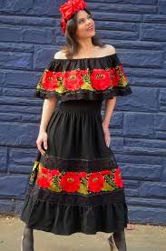 Black dress with red embroidered flowers. Gorgeous L Red Embroidered Off Shoulders Mexican Dress Black Lace Crochet Red Embroidered Dress Mexican Dresses Dresses