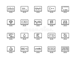 Png svg psd eps more. Programming Languages Flat Line Icons Set Html Code Php Java Language Python On Computer Desktop Vector Stock Vector Illustration Of Computer Algorithm 158036619