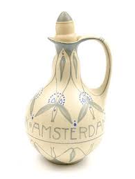 glazed earthenware jug with stopper with line decoration around and with text wijnand fockink amsterdam executed by goedewaagen the netherland antiek