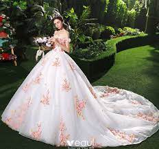 If you're not into stark white for your wedding dress, a gown with a tint like champagne, ivory, or oyster is a gorgeous choice. Chic Beautiful White Wedding Dresses 2018 Ball Gown Appliques Pearl Pink Flower Crystal Pearl Sequins Off
