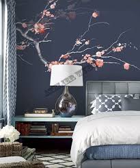Decoration D Interieur Zen Chambre D Hotel Papier Peint Japonais Fleur Mei Sur Fond Bleu Fonce Atelier Wybo Decoration Interieure Decoration Interieure Papier Peint Deco Chambre Japonaise