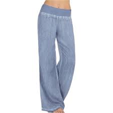 Womens Elastic Waist Flared Bell Bottom Faux Denim Pants Trousers