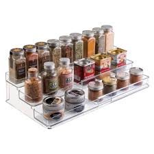 Mdesign Expandable Kitchen Cabinet Organizer Rack For Spices Condiments Canned Food 3 Tiers Clear Amazonsmile Kitchen Kruidenrek Keukenkastjes Opslag