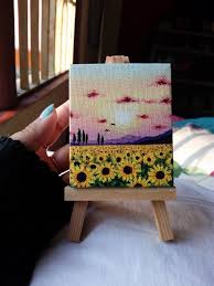 Sunset Painting Sunset On The Flower Field Sunflower Field Painting Sunset Pictures Sunflower Flield In 2020 Mini Canvas Art Canvas Art Painting Small Canvas Paintings
