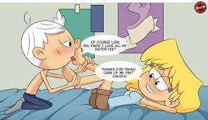 explicit, artist:aleuz91, lincoln loud, lori loud, nickelodeon, the loud  house, 1boy, 1girl, barefoot, bedroom, biting lips, dialoque, female, foot  fetish, fully clothed, holding feet, laying on bed, licking foot, pleasured  face, poster,