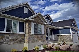 Brilliant Blue House With Grey Brown Stone Merrilstone Hhdu Craftsman House Stone Decor Brick