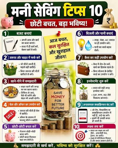 💰 Money Saving Tips (10) | छोटी बचत, बड़ा भविष्य पैसे बचाना सिर्फ ज़्यादा  कमाने से नहीं, बल्कि समझदारी से खर्च करने से शुरू होता है। इन 10 आसान टिप्स  को ...
