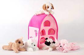 Unipak 12 Plush Pink Dog House Carrying Case With Five 5 Stuffed Animal Dogs Pink Poodle Pug Chihuahua Beagle A Mini Puppies Pink Dog Teddy Bear Stuffed Animal