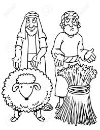 Cain and abel making an offering to the lord, this scene shows two men sitting and praying and animal burns after death in between them, axe on ground, vintage line drawing or engraving illustration. Coloring Page Of Cain And Abel Cain And Abel Bible Coloring Pages Coloring Pages