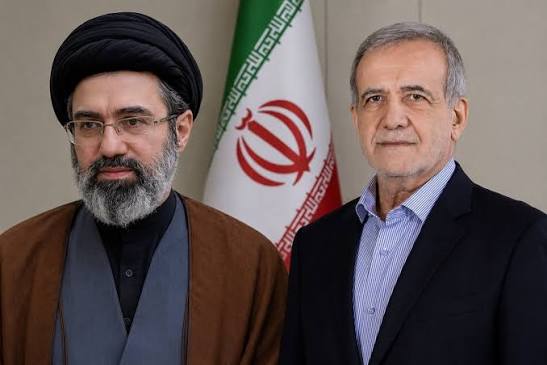 A split image showing President Masoud Pezeshkian and Mojtaba Khamenei, underscoring the growing communication gap within the Iranian government.