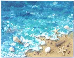 Beach Painting Of Shoreline With Real Starfish By Theescapeartist Seaside Paintings Ocean Painting Seashell Painting