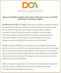 Noted film critic rajeev masand joined filmmaker karan johar's talent management agency dharma cornerstone (dca) as chief operating officer. Rajeev Masand Joins New Venture By Karan Johar As Its Coo