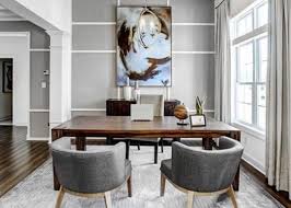 Neutral Home Office Design With Simple Decor Abstract Painting And Transitional Light Fixt Open Room Design Home Office Design Transitional Lighting Fixtures