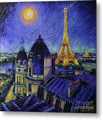 PARIS ROOFTOPS IN MOONLIGHT palette knife oil painting Mona Edulesco Metal  Print by Mona Edulesco