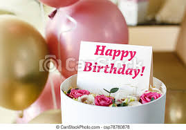 You'll find a variety of beautiful, bright bouquets that shout 'celebrate' from the rooftops. Happy Birthday Text On Gift Card In Flower Box Near Festive Pink And Gold Balloons Beautiful Bouquet Of Fresh Flowers Roses Canstock