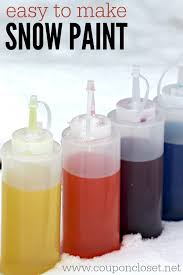 Bottles of paint are used to create pretty rainbows in the snow. How To Make Snow Paint Painting Snow Fun One Crazy Mom