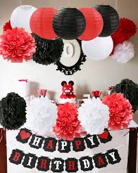 Choose from a wide selection of tinsel wreathes, balloons, garlands, banners and table decorations, including centerpieces and confetti. Furuix Mickey Mouse Birthday Party Decorations White Red Black Birthday Party Decorations Minnie Mouse Party Supplies Tissue Paper Pom Pom Flowers Paper Lanterns For Happy Birthday Decorations Baners Buy Online In Guyana