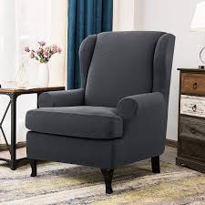 Two Way Stretch Textured Geometric T Cushion Wingback Slipcover In 2020 Slipcovers For Chairs Wingback Chair Covers Wing Chair