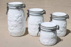 Vintage rare cornucopia set of 8 milk glass spice jars with rack lids! Vintage Milk Glass Canister Set Wheaton Country Orchard Kitchen Canister Jars