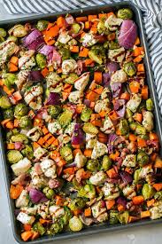 Sheet Pan Chicken Sweet Potatoes And Brussels Sprouts With Bacon And Balsamic Glaze Chicken Sweet Potato Sheet Pan Recipes Sprout Recipes