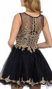 Lenovia 8101 Gold Embroidered Applique Illusion Neckline Cocktail Dress Fashion Dresses Flare Dress