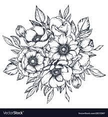 Vector Black And White Floral Composition Bouquet Of Hand Drawn Anemone Flowers Buds And Leaves In Sketch Sty How To Draw Hands Vector Flowers Anemone Flower