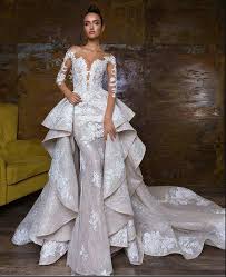 2019 Bohemian Wedding Dresses With Detachable Skirt Sweep Train Lace Applique Sequins Long Short Wedding Dress Long Sleeve Bridal Dresses Wedding Dresses Lace