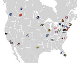 The national hockey league is a professional ice hockey league in north america comprising 32 teams, 25 in the united states and 7 in canada. Nhl Map Nhl National Hockey League Hockey Logos