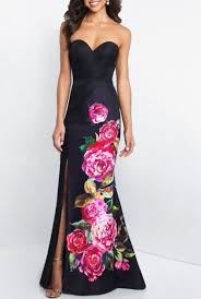 Blush Sleeveless Black Floral Print Gown Poshare Strapless Gown With Asymmetrical Style Line Floral Print Gowns Printed Prom Dresses Floral Print Prom Dress