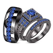 Black And Blue Engagement Rings His Her Engagement Ring Trio Set Blue Sapphire Black Gold Finish 925 Silver Black Gold Ring Black Gold Jewelry Blue Sapphire Wedding Ring