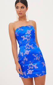 Cobalt Oriental Satin Bandeau Bodycon Dress Bandeau Bodycon Dress Trending Fashion Outfits Fashion