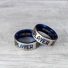 Player 1 Player 2 Rings Gamer Rings Blue Tungsten Rings Blue Wedding Bands Couple Ring Set Gamer Rings Couples Ring Set Blue Tungsten Ring Blue Wedding Band