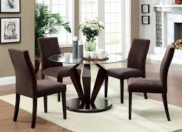Enhance your dining room with this sleek and glamourous dining table. Lancy Dark Walnut Glass Top 5pc Unique Pedestal Dining Table Set Glass Top Dining Table Round Dining Table Modern Contemporary Dining Table