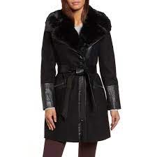 Women S Via Spiga Faux Leather Faux Fur Trim Belted Wool Blend Coat 180 Liked On Polyvore Featuring Outerwear Faux Fur Trim Coat Coat Faux Leather Coat