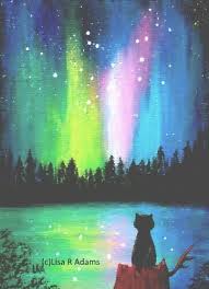 Northern Lights Aurora Borealis Black Cat Aceo Print Of Painting Creationarts Miniature Northern Lights Aurora Borealis Northern Lights Painting