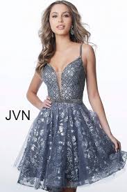 Charcoal Fit And Flare Plunging Neck Spaghetti Strap Cocktail Dress Jvn Fitandflaredress Glitter Homecoming Dress Homecoming Dresses Ethereal Dress