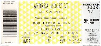 The biggest hits are listed first. Concert Tickets Andrea Bocelli 2000 Concert Ticket Melbourne Australia Rod Laver Arena