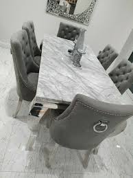 6 stunning black fabric dining chairs with chrome studded detail and pull ring beautifully kept and in fantastic condition soft black faux velvet material and. Laveda 180cm Light Grey Marble Dining Table Canterbury Velvet Chairs