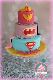 Birthday Cake Ideas For 33 Year Old Woman Girls Superhero Cake Super Girl Bat Girl And Wonder Woman By Www Candyscupcakes Co Uk Superhero Birthday Cake Birthday Cake Girls Novelty Birthday Cakes