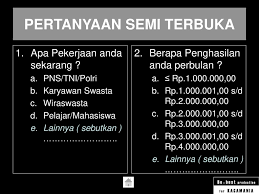 Beberapa contoh pertanyaan terbuka ditemukan pada gambar 42. Pertanyaan Semi Terbuka Masnurul